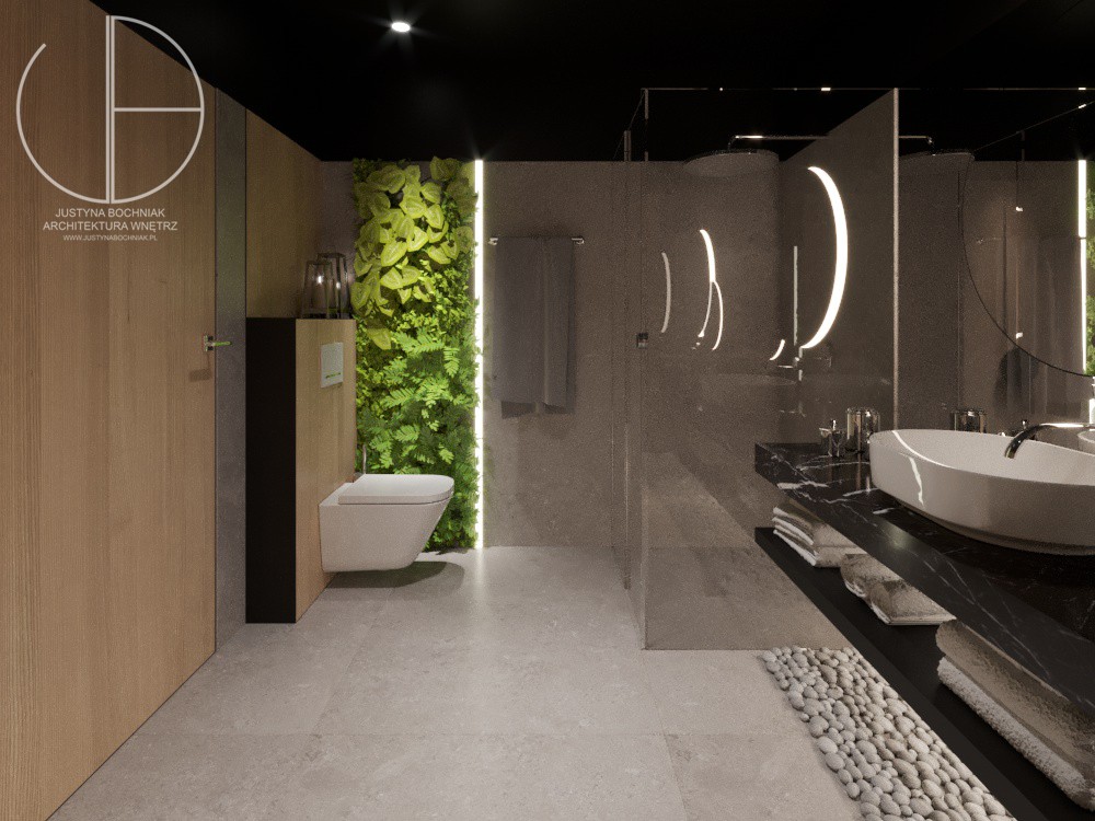 Projekt łazienki Świerklaniec, naturalne materiały, drewno, kamień, zielone ściany 02